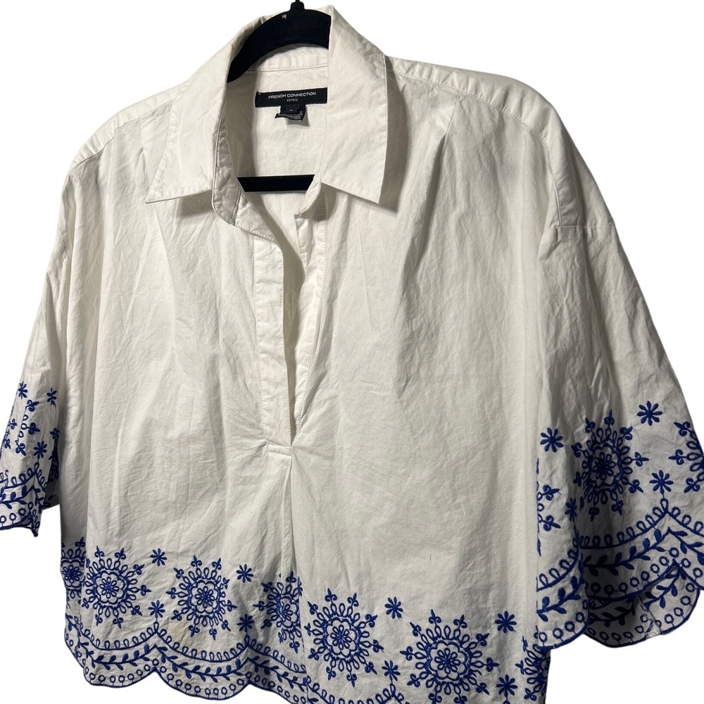 French Connection White Blue Embroidered Scalloped Hem V-Neck Blouse Top XL‎